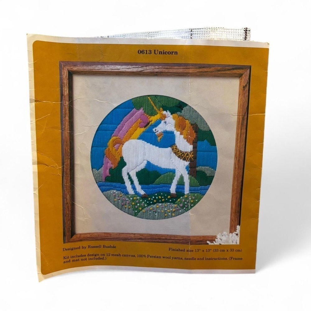 VTG 80s Crewel Unicorn Long Stitch Kit Wool Yarn Partially Started - Picture 2 of 5